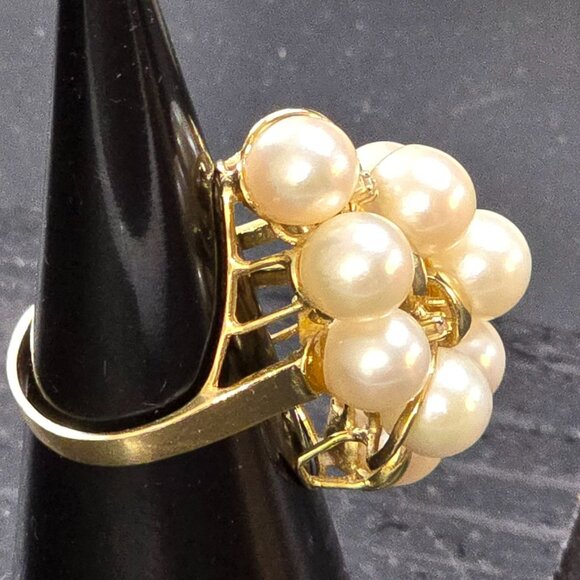 Vintage 14K Gold Cocktail Ring With Cultured Pearls & Diamonds Size 6.75 HS81 - Picture 9 of 16